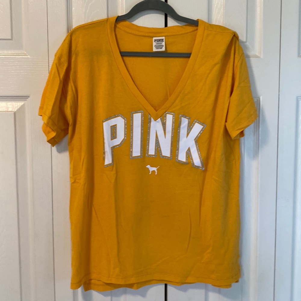 PINK v-neck tee shirts. 1 yellow & 1 black. Size large.